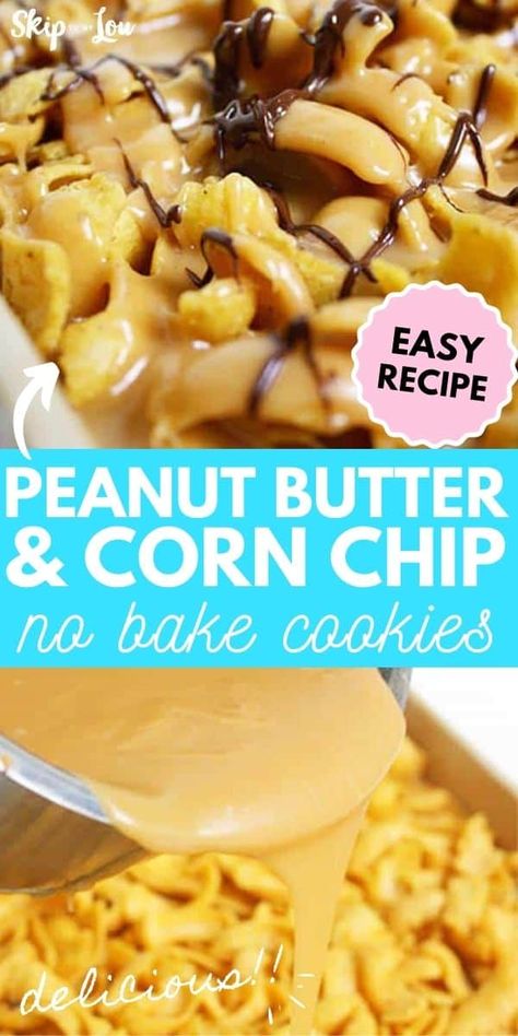 Corn chip peanut butter no bake cookies only need four ingredients! Easy simple and delicious, sometimes called Kookie Cookies or Frito Bars. No Bake Ideas, Frito Bars Recipe, Frito Bars, Peanut Butter No Bake Cookies, Corn Chip, Bake Ideas, Peanut Butter Snacks, Buttered Corn, Peanut Butter No Bake