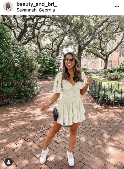 green dress, mini dress, sage green. sabo skirt, australian boutique, summer dress, summer ootd, summer outfit, travel outfit, street wear, what I wore, explore, nike air force 1s, louis vuitton, jimmy choo sunglasses, tan, fashion inspo, style inspiration, what I wore, what I packed, how to style Savannah Ga Instagram Pictures, Outfit Ideas For Savannah Georgia, What To Wear In Savannah Ga, Outfits Savannah Ga, Savannah Georgia Pictures, Savannah Summer Outfits, Bachelorette Guest Outfit Ideas, Savannah Georgia Outfit Ideas Summer, Savannah Ga Outfits Summer