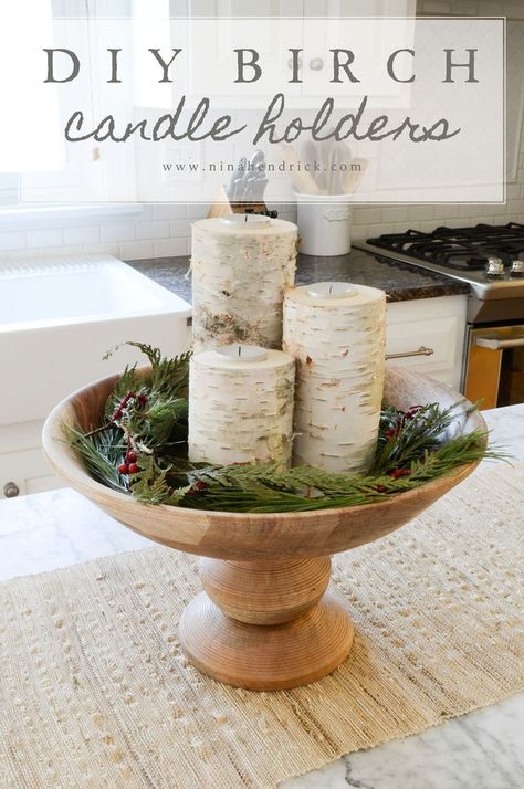 Easy DIY Birch Candle Holders Tutorial Birch Candle Holders, Birch Candles, Christmas Centerpieces Diy, Diy Candle Holders, Diy Candle, Natural Christmas, Diy Centerpieces, Wooden Bowl, Easy Home Decor