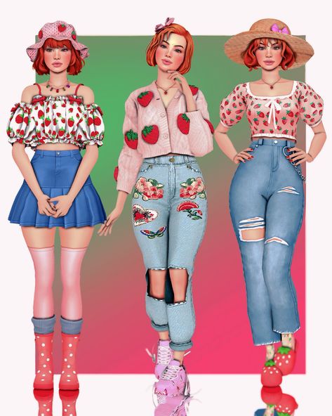 hi,  this is one of my new CAS series on my Youtube channel , STRAWBERRY SHORTCAKE characters as Sims  She is my version of Strawberry Shortcake  She is available for my patrons Sims 4 Cartoon Characters, The Sims 4 Strawberry Cc, Sims 4 Cc Bright Clothes, Sims 4 Mens Cc Patreon, Sims 4 Bff Makeover, Cute Clothes Cc Sims 4, Sims 4 Cc Fruit Clothes, Ts4 Strawberry Cc, Sims 4 Cc Strawberry Clothes