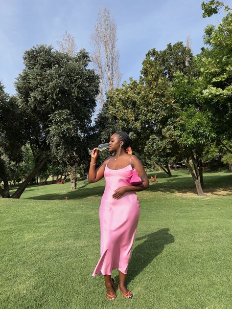 Zara Pink Slip Dress, Pink Dress Date Night, Pink Sundress Black Women, Pink Wine Tasting Outfit, Pink Slip Dress Outfit, Midi Slip Dress Outfit, Dress On Dark Skin, Pink Zara Dress, Pink Cami Dress