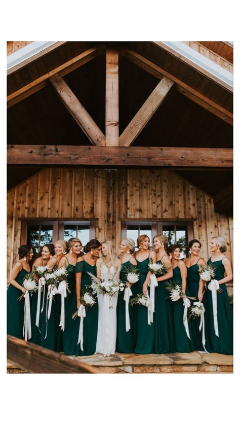 Emerald Color Wedding Theme, Pine Color Wedding Theme, Forest Green Black And Silver Wedding, Forest Green And Gold Bridesmaid Dresses, Wedding Forest Green Theme, Emerald Green Woodsy Wedding, Rustic Wedding Decor Emerald Green, Emerald Green And Grey Wedding Theme, Boho Wedding Emerald Green