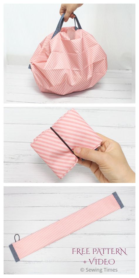 DIY Fabric Compact Shopping Bag Free Sewing Pattern + Video Bag Free Sewing Pattern, Fabric Art Diy, Folding Shopping Bags, Sewing Tutorials Bags, Diy Bag Designs, Bag Pattern Free, Free Sewing Pattern, Sew Ins, Sewing Tutorials Free