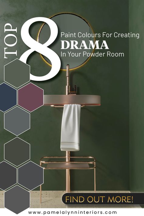 Create drama in your powder room with paint! Designer shares her top 8 dark paint colours to transform your powder room. Dark Powder Room Paint Colors, Dark Painted Powder Room Ideas, Dark Paint Powder Room, Color Drenching Powder Room, Moody Powder Room Paint Colors, Powder Room Color Scheme Ideas, Powder Room Color Ideas, Purple Powder Room, Painted Powder Room