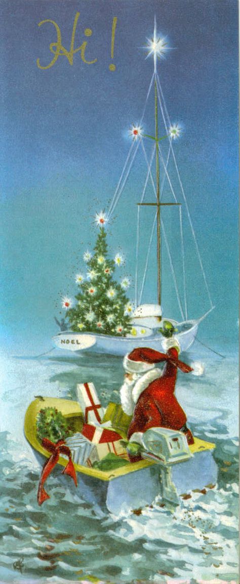 Old Christmas Post Сards — Vintage 'Santa Sailboat with Packages', 1970's  (503x1220) Beachy Christmas Santa, Christmas Tropical, Morning Ideas, Garden Goddess, Christmas Drawings, Christmas Santas, Christmas Father, Florida Christmas, Nautical Christmas