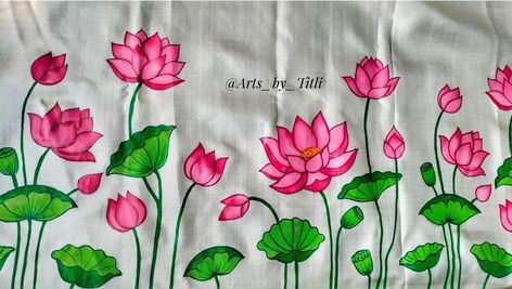 Pichwai Fabric Painting, Border Design For Saree Painting, Lotus Pichwai Painting, Hand Painted Dupatta Designs, Lotus Painting On Fabric, Pichwai Lotus Painting, Simple Fabric Painting Designs, Pichwai Paintings Lotus, Pichwai Art Paintings