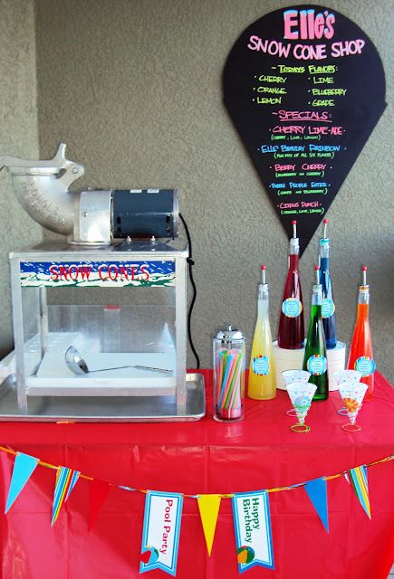 Snow Cone Station Homemade Snow Cones, Beach Party Ideas, Cone Ideas, Snow Cone Stand, Backyard Pool Parties, Hay Rides, Snow Cone Machine, Sno Cones, Bobbing For Apples