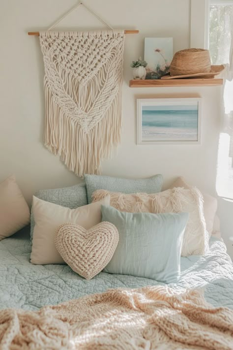 Ever wanted your dorm to feel like a beach getaway? Soft blues, sandy beiges, and whites capture the essence of a Boho Beachy Bedroom. Add a macramé wall hanging and cozy throws to bring in the boho charm. This look is refreshing and cozy. Why not bring the beach vibes to your dorm? Blue And Beige Room Ideas, Aesthetic Bedroom Ideas Beach, Boho Bedroom Ideas For Small Rooms, Girly Room Makeover, Beach Vibes Aesthetic Room, Boho Girls Room Teen, Beach Theme Dorm Room Ideas, Beach Vibe Room Bedrooms, Beachy Room Ideas For Teens