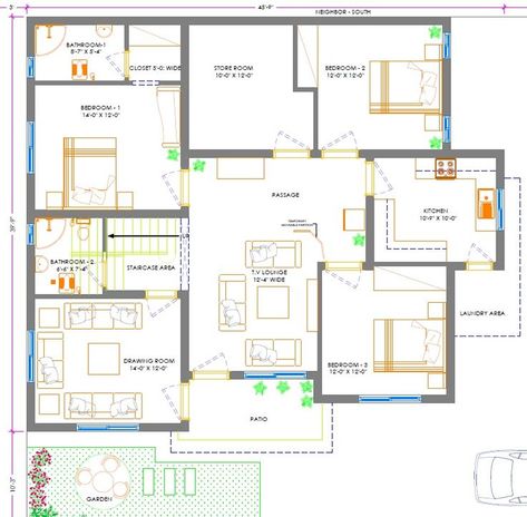 50' x 50', 3 Bedrooms Floor Plan. 10 Marla 50x50 House Plans, 3 Bedroom Floor Plan, Bedroom Floor Plans, Bedroom Flooring, House Plan, Floor Plan, House Plans, Floor Plans, House Design