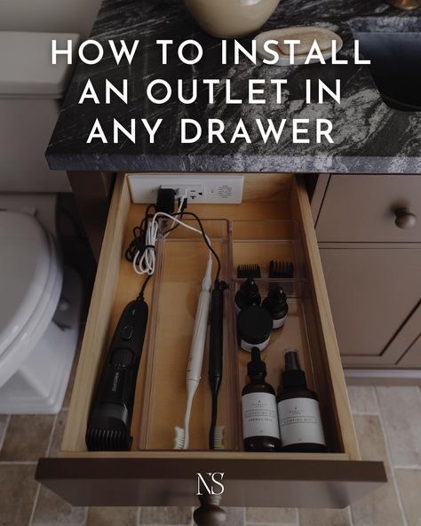 How to hide cords and chargers in a bathroom vanity with a hidden electrical outlet. #ad Learn how to easily install an in-drawer outlet. The Docking Drawer Blade outlet can be used in a bathroom, kitchen, mudroom, or any drawer to help drawer organization. #dockingdrawerpartner #smartorganization #draweroutlet #hiddenoutlet #vanityoutlet #vanityhack Vanity With Electrical Outlet, Outlet In Drawer Bathroom, Bathroom Vanity Outlets, Hide Electric Toothbrush On Counter, Bathroom Drawer With Electrical Outlet, Bathroom Docking Drawer, Hidden Outlets In Bathroom, Docking Drawer Bathroom, Vanity Outlet Placement