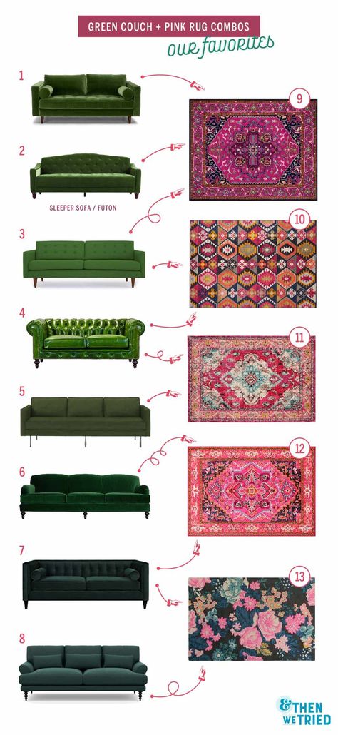 Perfect green couch and pink rug pairings for a bright and colorful living room Green Couch Pink Pillows, Green Couch Pink Chair, Green Couch Orange Rug, Green Sofa Pink Rug, Pink Rug Green Sofa, Green Couch Rug Combo, Green Couch Black Rug, Green Couch In Living Room, Green Sofa Rug Ideas