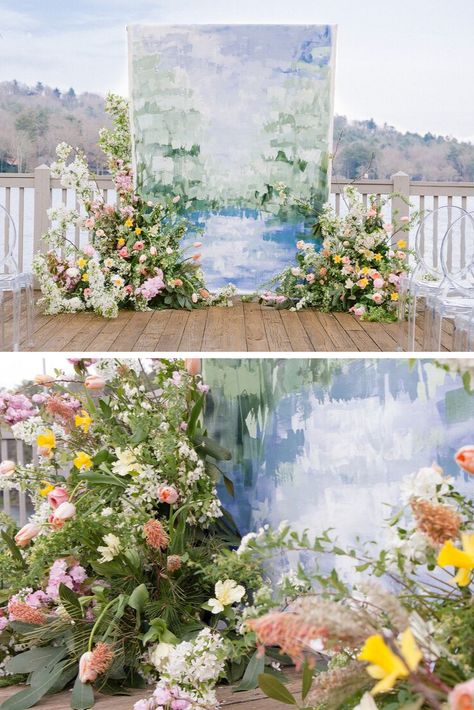 Art Inspired Wedding Decor, Painting Backdrop Wedding, Painted Backdrop Wedding, Art Backdrop Ideas, Painted Wedding Portraits, Wedding Mural Backdrop, Floral Installation Backdrop, Spring Wedding Photo Backdrop, Unique Ceremony Florals