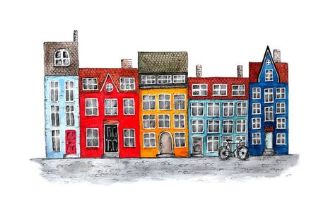 Art print of watercolor and pen & ink drawing of a row houses inspired by colorful houses along the river in Copenhagen, Denmark. Copenhagen Watercolor, Nyhavn Copenhagen, Watercolor And Pen, Row Houses, Colorful Houses, 8x10 Art Prints, House Illustration, Row House, House Drawing