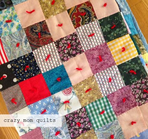 crazy mom quilts, yarn tied patchwork quilt. Tied Quilts, And So It Goes, Hand Quilting Patterns, One Mistake, Quilting 101, Scrap Projects, Tie Quilt, Homemade Quilts, Aurifil Thread