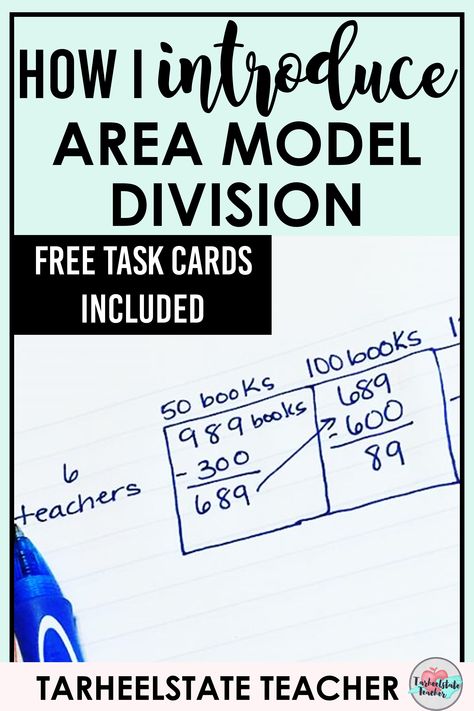 DIVIDING WHOLE NUMBERS | Area Model and Partial Quotient Division | Need fresh ideas for a lesson plan to introduce the area model for division to your 4th grade or 5th graders? Read all about how I set up a real-world situation to help students understand dividing partial quotients and connect the "rectangle method" to the written representation for the area model. Directions for the area model/anchor chart; Grab your free division task cards too! #iteachmath #teaching #4thgrade #5thgrade Division Area Model, Area Model Division, Area Model, Teaching 5th Grade, Math Centers Middle School, Math Division, Fifth Grade Math, Math Intervention, Fourth Grade Math