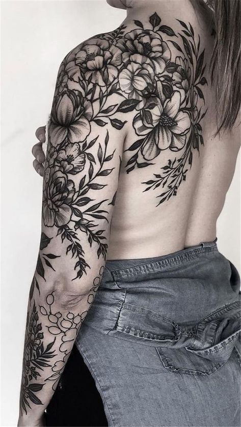 Girls With Sleeve Tattoos, Floral Tattoo Sleeve, Back Of Shoulder Tattoo, Flower Sleeve, Tattoos For Black Skin, Flower Tattoo Sleeve, Shoulder Tattoos For Women, Floral Tattoo Design, Full Sleeve Tattoo