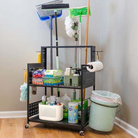 Heavy-duty utility cart for cleaning supplies, laundry & garage Holds brooms, mops, dusters, spray bottles, and much more Pegboard side panels with (4) attachments 5-gallon bucket holder supports up to 40 lbs Paper towel bar with side storage hooks Locking caster wheels Supports up to 250 lbs 26" L x 17" W x 37" H Dock Storage, Cleaning Cart, Cleaning Supply Storage, Rolling Utility Cart, Hotel Cleaning, Supply Storage, Cleaning Supplies Organization, Clean Garage, House Organization