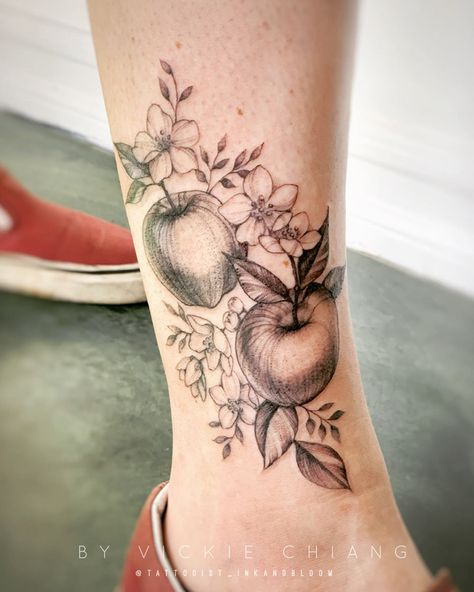 Vickie Chiang on Instagram: “Apples and Apple Blossom tattoo 🍎 #appletattoo #fruittattoo  #inked #tattoos #blacktattoo #appleblossom #floraltattoo #tattoo…” Forbidden Apple Tattoo, Apple Blossom Tattoo Black And White, Apple Tattoo Design, Apple Flower Tattoo, Apple Tree Branch Tattoo, Orchard Tattoo, Apple Branch Tattoo, Crab Apple Tattoo, Apple Tattoo Ideas