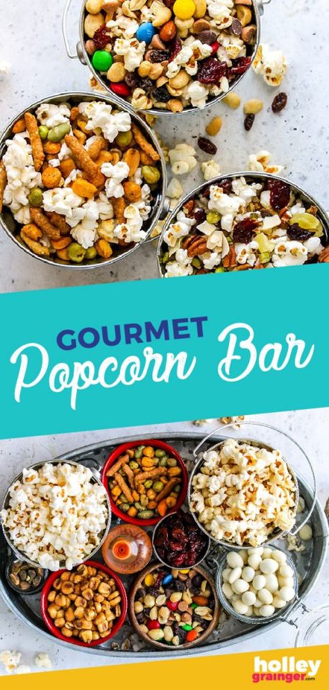 Gourmet Popcorn Bar from Holley Grainger Popcorn Salad Sweet, Party Snacks Cheap, Gourmet Popcorn Bar, Popcorn Toppings, Savory Popcorn, Party Food Bars, Soda Bar, Potato Bar, Waffle Bar