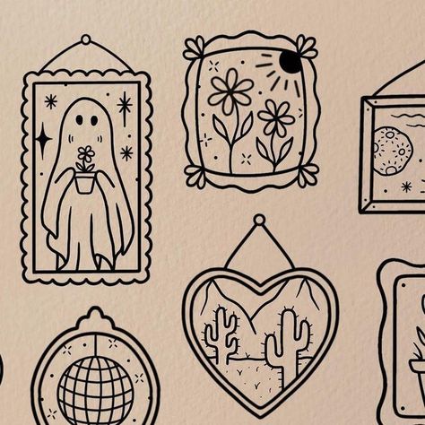 Cute Designs For Tattoos, Cute Tattoos Doodles, 2”x2” Tattoos, Groovy Flash Tattoo, Fun Flash Tattoo, Cute Drawing Tattoo, Cute Designs To Draw Easy, Fine Line Halloween Tattoo, Gallery Wall Tattoo