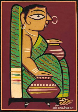 Woman With Water Pots - Jamini Roy - Bengal Art Painting by Jamini Roy | Buy Posters, Frames, Canvas & Digital Art Prints | Small, Compact, Medium and Large Variants Jaimini Roy Paintings, Bengal School Of Art Painting, Kalighat Paintings Jamini Roy, Jamini Roy Art, Paintings For Small Canvas, Jamini Roy Paintings Easy, Jamini Roy Paintings Folk Art, Bengali Art Paintings, Jamini Roy Paintings