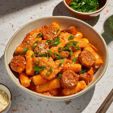 Rose Tteokbokki, Quick Vegan Dinner, Beyond Sausage, Korean Rice Cakes, Tteokbokki Recipe, Korean Rice Cake, Korean Rice, Sausage Links, Vegan Sausage