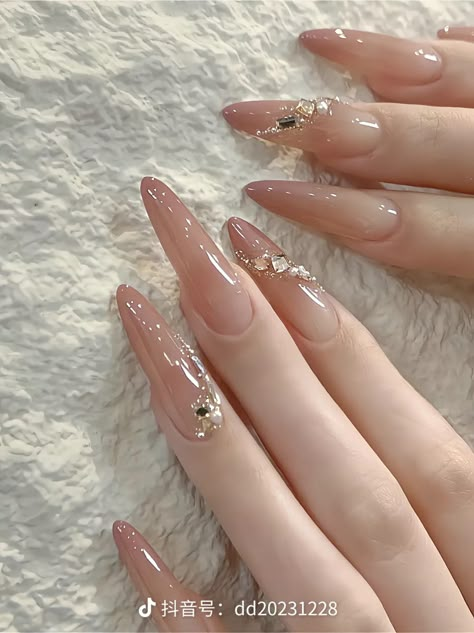 Korean Wedding Nails, Nails Acrylic With Gems, Brown Jelly Nails, Ulzzang Nails, Jelly Gel Nail Polish, Gel Toe Nails, Beauty Hacks Nails, Asian Nails, Gel Nail Art Designs