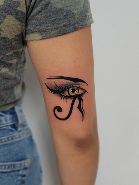 Tattoo/ eye of Horus/ gold/ girl/ Egyptian Tattoos For Women Hip, Egyptian Tattoo For Women, Eye Of Ra Tattoo, Eye Of Horus Tattoo, Egyptian Eye Tattoos, Third Eye Tattoos, Horus Tattoo, Egyptian Eye Of Horus, Egyptian Tattoo Sleeve