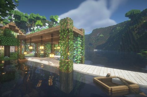 House On Top Of Water Minecraft, Cute Minecraft Lake Builds, Minecraft Dock Cottagecore, Boating Dock Minecraft, Mc Cottagecore House, Minecraft Dock House Ideas, Waterfront House Minecraft, Minecraft House Above Water, Minecraft Dock Tutorial