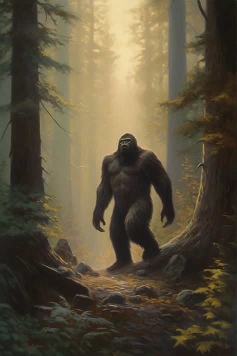 This is a poster of legendary cryptid, Bigfoot, standing in a misty forest. It is for sale on my Etsy store, AestheticNiche. Classic Artists, Bigfoot Pictures, Pie Grande, Bigfoot Art, Forest Walk, Bigfoot Sasquatch, Vertical Poster, Arte Animal, Beautiful Posters