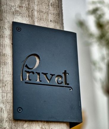 Privet - corner metal routed #signage #metalsigns #environmentalgraphics Exterior Signage Entrance, Restaurant Signage, Hotel Signage, Office Signage, Metal Signage, Sign System, Exterior Signage, Signage System, Shop Fronts