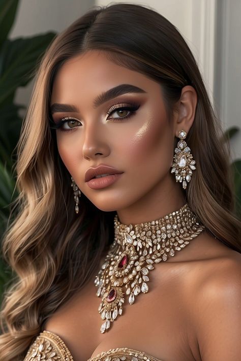 High Glam Makeup, Makeup Ideas Wedding Guest, Dance Comp Makeup, Makeup Looks For Wedding Guest, Gold Dress Makeup, Prom Night Makeup, Makeup Looks Full Face, Comp Makeup, Full Glam Makeup Looks