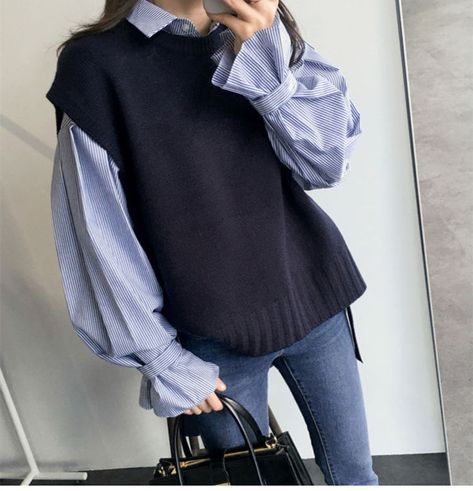 Buy Piwonia Long-Sleeve Frill Trim Striped Shirt / Knit Vest | YesStyle Vest Outfits, Mode Inspo, 가을 패션, Knit Vest, Korean Outfits, Mode Inspiration, Looks Vintage, Outfits Casuales, Cute Casual Outfits