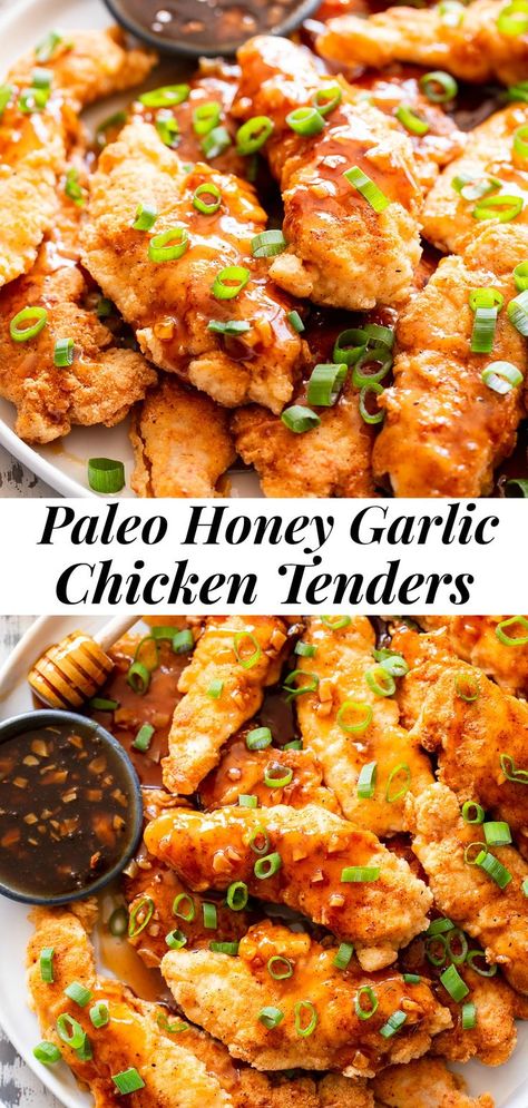 These paleo honey garlic chicken tenders have a crispy grain free “breading” and a sweet and savory honey garlic sauce that’s full of flavor! Paleo Honey Garlic Chicken, Chicken Recipes Paleo, Honey Garlic Chicken Tenders, Garlic Chicken Tenders, Paleo Running Momma, Breaded Chicken Recipes, Crispy Chicken Recipes, Chicken Tenderloin Recipes, Paleo Chicken Recipes