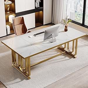 Tribesigns 70.87" Executive Desk, Modern Office Desk, Wooden Home Office Desk, Rectangular White Computer Desk with Golden Metal Legs, Large Workstation for Home Office, White & Gold Large Office Desk, White Computer Desk, Desk Modern, Executive Office Desk, Modern Office Desk, Home Office Furniture Desk, White Desks, Home Office Desk, Executive Desk