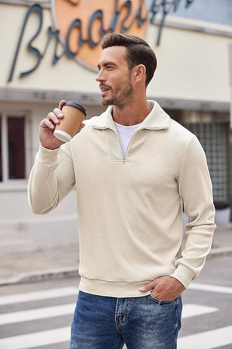 COOFANDY Men's Quarter Zip Up Pullover Slim Fit Mock Neck Long Sleeve Sweaters Casual Corduroy Polo Sweatshirt #menswear #mensfashion #fashion #menstyle #style #mensstyle #ootd #streetstyle #streetwear #men #falloutfit White Quarter Zip Outfit, Quarter Zip Outfit Men, Long Sleeve Sweater Outfit, Quarter Zip Outfit, Sweatshirt Outfit Men, Quarter Zip Men, Mens Aesthetic, Zip Up Pullover, Sweater Outfits Men