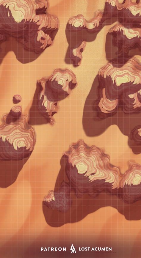 Click the link to download, see variations and find out more about my maps! #battlemaps #battlemap #ttrpg #dnd #rpg #pathfinder #5e #dungeonsanddragons #tabletopgaming #tabletoprpg #encountermap #fantasy #fantasymap #tabletopgames #dungeonsanddragons #VTT #roll20 #lostacumen #desert #redrocks #rockmaze #mesa Desert Map, Dnd World Map, Tabletop Rpg Maps, Dnd 5e Homebrew, Map Pictures, Rpg Map, My Maps, Dungeon Maps, Fantasy Battle