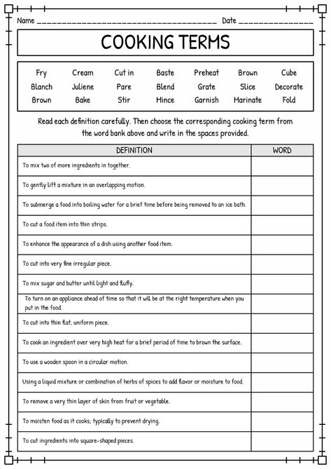 16 Cooking Vocabulary Worksheet / worksheeto.com Culinary Club Ideas, Cooking Vocabulary Worksheets, Cooking Class For Kids, Adult Worksheets, Cooking Vocabulary, Paul Restaurant, Cooking Terms, Cooking Kids, Culinary Lessons