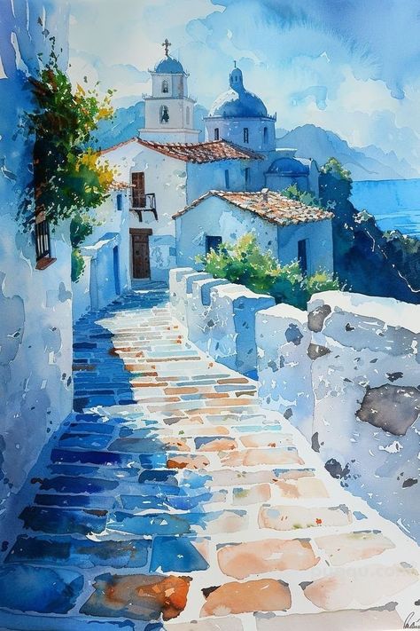 Greece Painting, Creative Watercolor, Watercolor Art Landscape, Watercolor Architecture, Landscape Art Painting, 수채화 그림, Watercolor Landscape Paintings, Watercolor Art Lessons, Urban Sketching