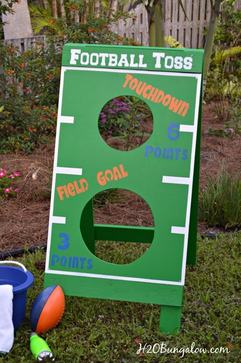 DIY football toss game tutorial. Great fun for a party or family holiday game. Make a bean bag toss, water balloon game, Fl Gators football toss or more. Get creative and have fun! H2OBungalow Football Toss Game, How To Make A Bean Bag, Yard Games For Kids, Field Day Activities, Sports Party Games, Diy Yard Games, Festival Games, Football Diy, Gators Football