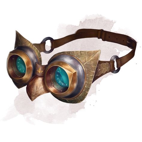 Goggles of Night Wondrous item, uncommon  While wearing these dark lenses, you have darkvision out to a range of 60 feet. If you already have darkvision, wearing the goggles increases its range by 60 feet. Fantasy Goggles Design, Sci Fi Goggles Concept Art, Steampunk Goggles Drawing, Magic Glasses, Inventor Goggles, Steampunk Goggles Aesthetic, Fantasy Items, D D Items, Props Art