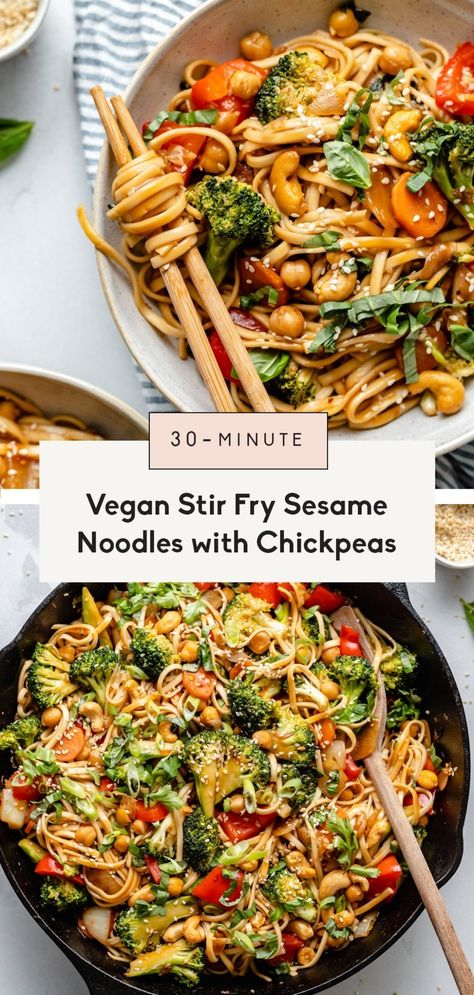 Wonderful vegan stir fry noodles made in just 30 minutes for the perfect weeknight dinner! These easy sesame noodles have a homemade stir fry sauce and a boost of plant-based protein from chickpeas. Top with fresh herbs and roasted cashews for a beautiful meal you'll make again and again. #vegan #stirfry #plantbased #healthydinner #vegandinner #glutenfreedinner #glutenfree #vegetarian