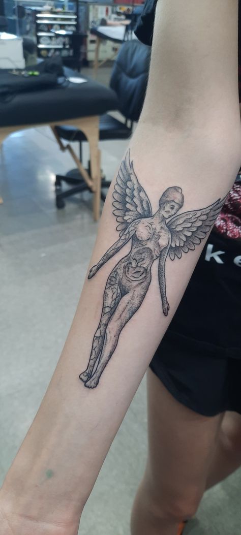 Nirvana in utero angel Nirvana Angel Tattoo, In Utero Angel, In Utero Tattoo, Utero Tattoo, Nirvana Angel, Nirvana In Utero, In Utero, Angel Tattoo, First Tattoo