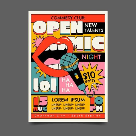 Free Vector | Flat design open mic poster design Open Mic Poster, Flat Design Poster, Teen Posters, World Poetry Day, Poster Flat, Surf Logo, Open Mic, Mixtape Cover, Club Poster