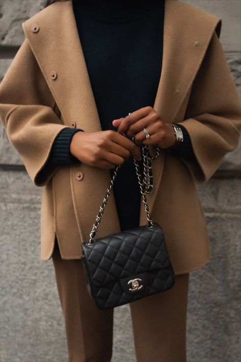 Chanel Square Mini, Chocolate Brown Coat, Mini Bag Outfit, Brown Coat Outfit, Chanel Mini Bag, Chanel Mini Flap Bag, Mini Outfit, The Frankie Shop, Coat Outfit