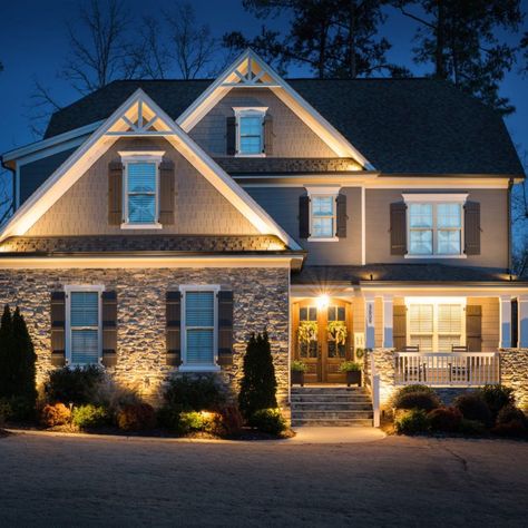 Uplighting House Exterior, Exterior Uplighting, Exterior House Lights, House Lighting Outdoor, Small House Exterior, Building An Addition, A Small House, Exterior Paint Colors, New Home Designs