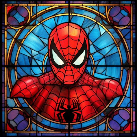 Spiderman Stained Glass Pattern, Marvel Stained Glass Art, Anime Stained Glass Art, Spider Man Painting, Stained Glass Spider, Spiderman Painting, Spiderman Comic Art, Aang The Last Airbender, Spider Man Across The Spider Verse