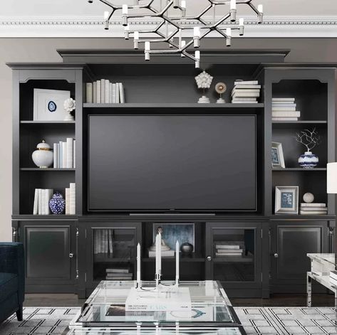 Black Entertainment Centers, Wood Entertainment Center, Entertainment Wall Units, Tv Entertainment Centers, Living Room Wall Units, Living Room Built Ins, Living Room Entertainment Center, Tov Furniture, Entertainment Wall