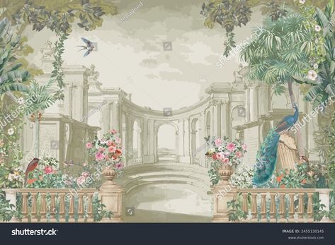 Vintage Classical Roman Ruins Garden Peacock Stock Illustration 2455130145 | Shutterstock Greece Palace, Ruins Garden, 1800s Illustration, Wallpaper Birds, Royal Background, Roman Garden, Birds Garden, Panoramic Wallpaper, Roman Ruins