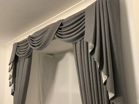 Grey curtains with swags & tails Swags And Tails, Curtains And Pelmets, Swag Curtains, Grey Curtains, Modern Curtains, Home Curtains, Curtains Living Room, Sitting Room, Curtains With Blinds